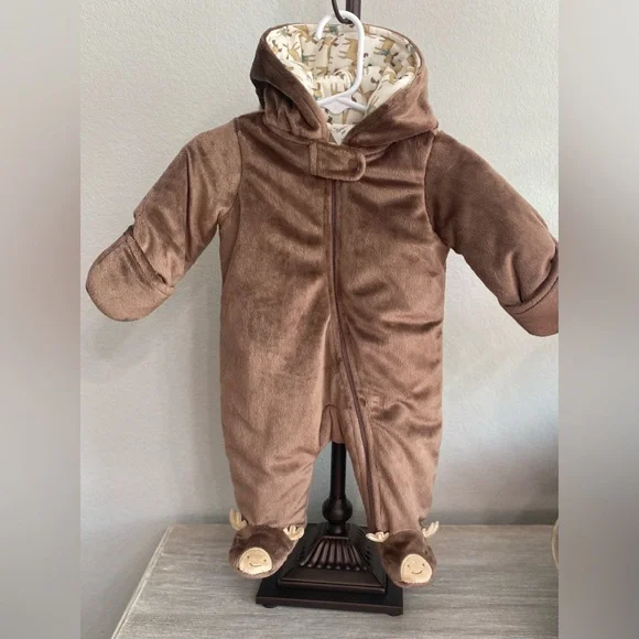 Carter's Moose Brown Warm Hooded One Piece Footed Zip Mittens Snowsuit 3 Months - Picture 8 of 8